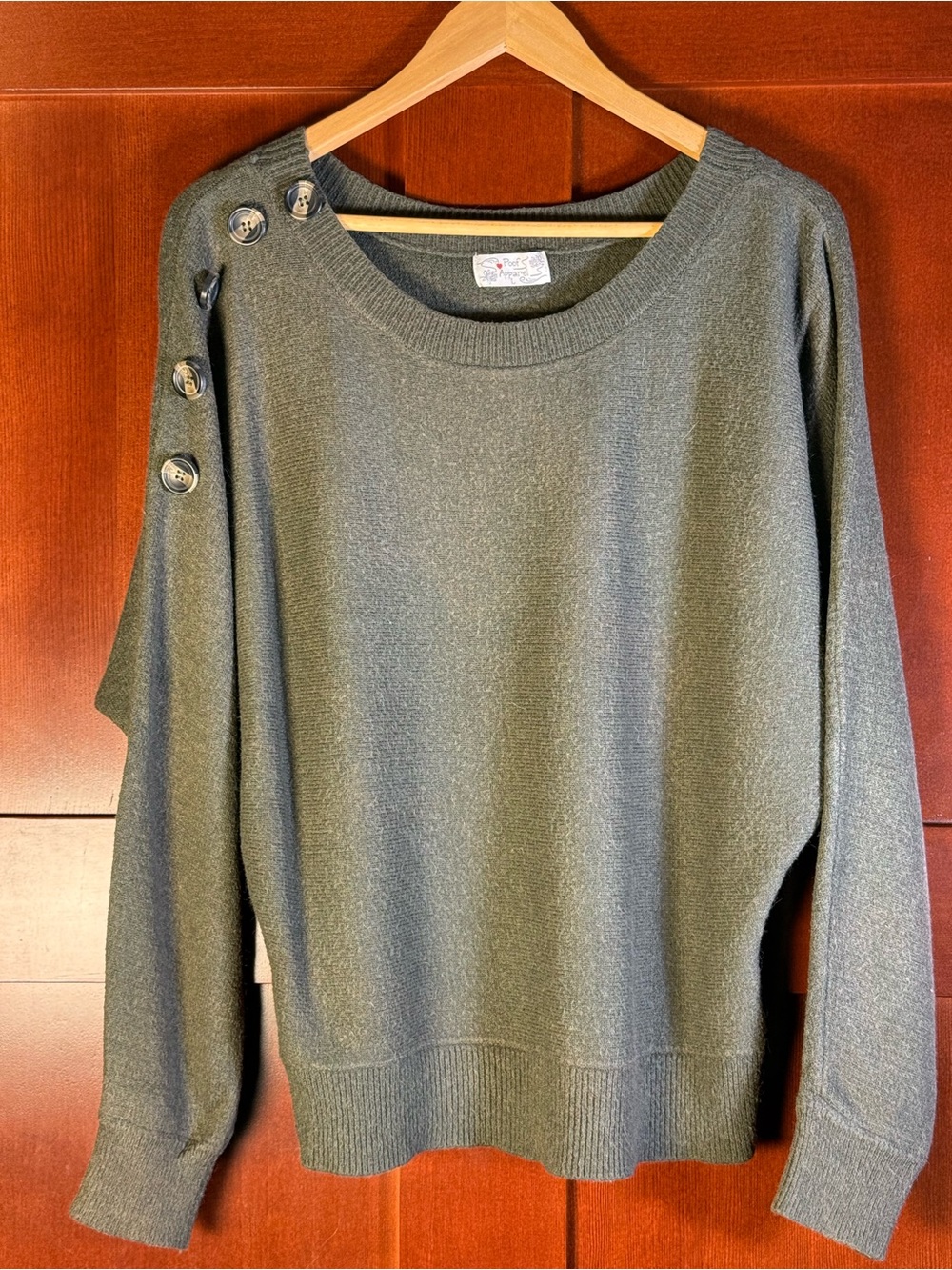 Poof Apparel Olive Green Oversized Batwing Button Shoulder Sweater L